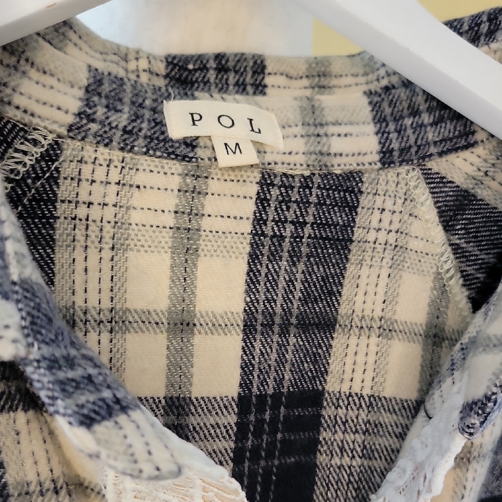 POL Blue Plaid and Cream Lace Button-Down Shirt - Picture 6 of 8
